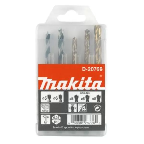 Sada vrtáků šestihran 1/4" do kovu/dřeva 5 ks v plastové krabičce Makita D-20769