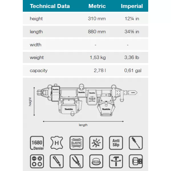 Široký pás s kapsami 880x170x310mm Makita E-15235
