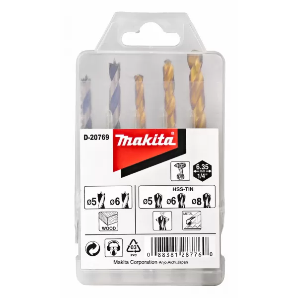 Sada vrtáků šestihran 1/4" do kovu/dřeva 5 ks v plastové krabičce Makita D-20769