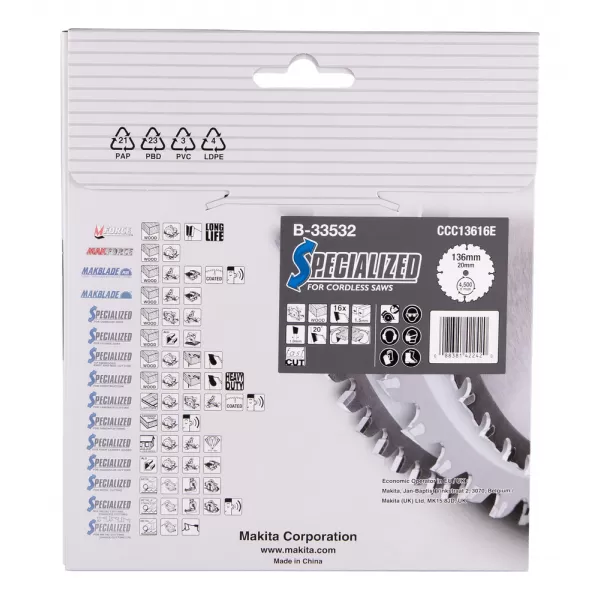 Kotouč pilový dřevo SPECIALIZED 136x1.5x20mm 16Z pro aku pily Makita B-33532