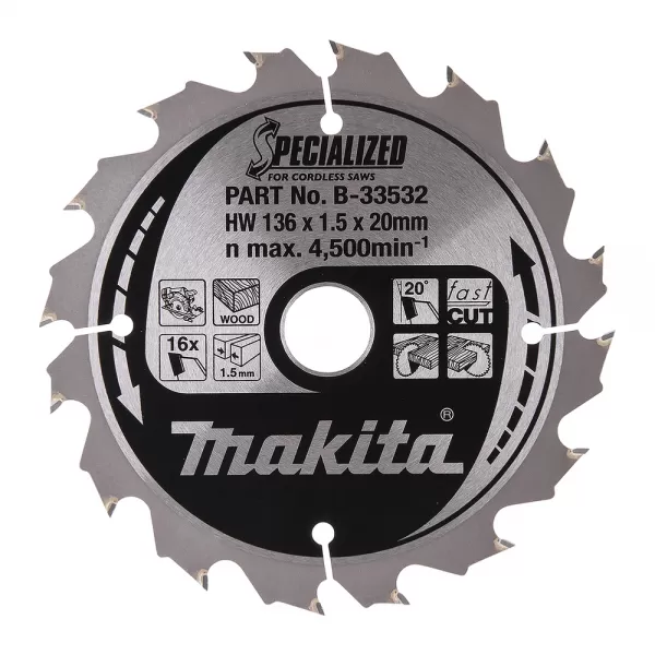 Kotouč pilový dřevo SPECIALIZED 136x1.5x20mm 16Z pro aku pily Makita B-33532