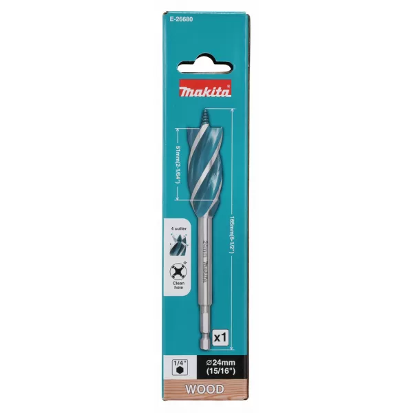 Vrták do dřeva čtyřbřitý šestihran 1/4" 24x165mm Makita E-26680