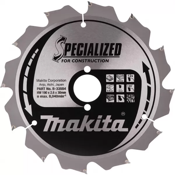 Kotouč pilový dřevo SPECIALIZED konstrukce 190x2,6x30mm 12Z Makita B-33554