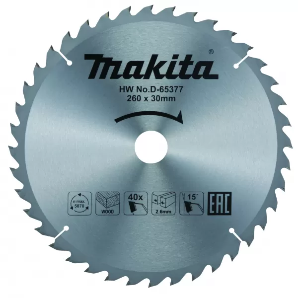 Kotouč pilový dřevo TCT 260x2,6x30mm 40Z Makita D-65377
